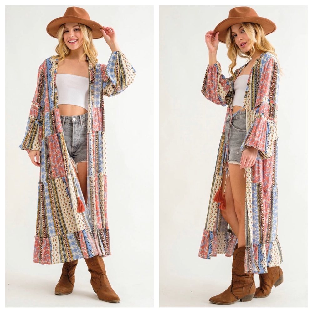 32 ✨RESTOCKED✨Boho Border Print Woven Kimono Long Cardigan - Picture 4 of 6
